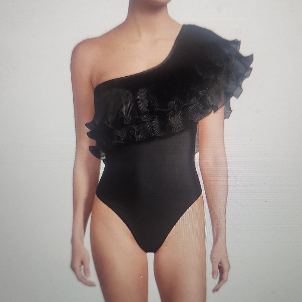 Milly Black Pleated Organza One Piece Swimsuit Size M